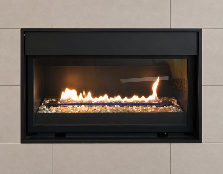A black framed glass-front fireplace with glowing flames and glass media
